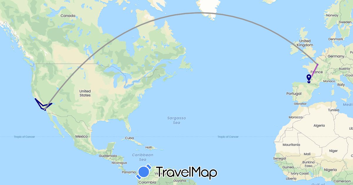TravelMap itinerary: driving, plane, train, boat in France, United States (Europe, North America)